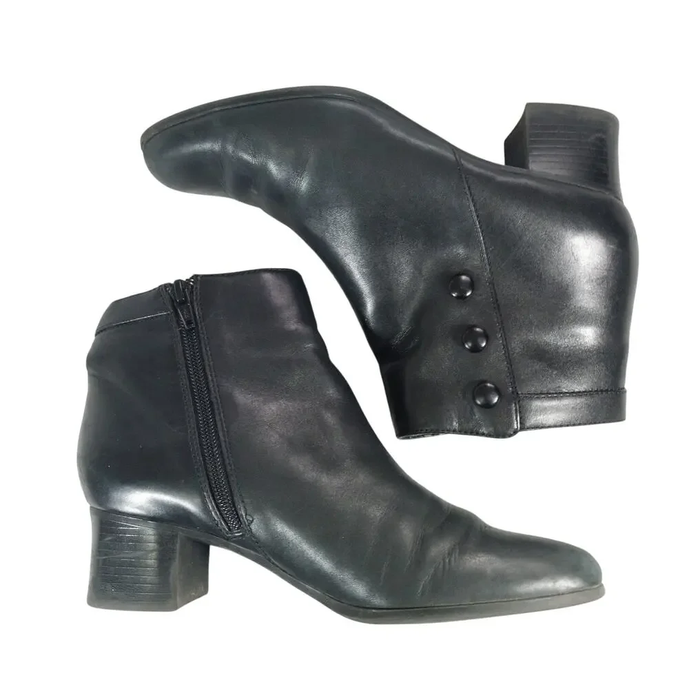 CROFT & BARROW! BLACK GENUINE LEATHER CHUNKY HEEL, NIPPED TOE ANKLE BOOTS! SZ 7M